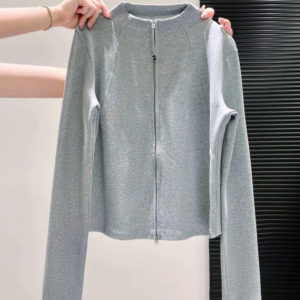 Women's Plus Size Velvet Double Zipper Stand Collar Long Sleeve Slimming T-Shirt - Autumn/Winter Warm Top