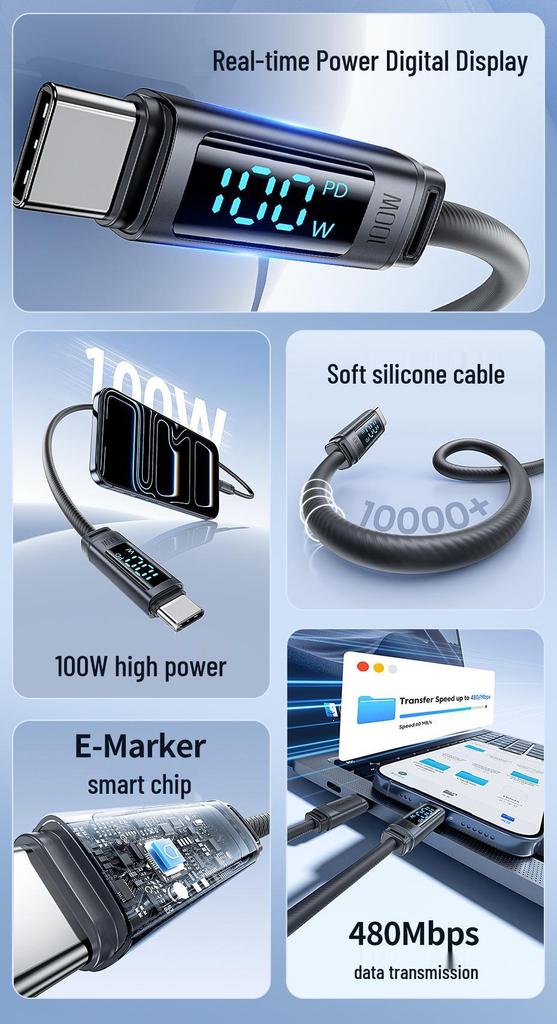 Toocki PD100W Digital Display Silicone Cable for Apple 17 MacBook, Super Fast Charging.