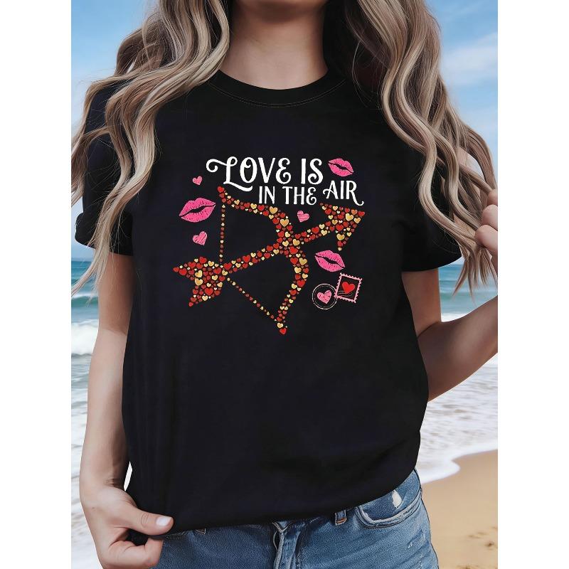 

Women s LOVE IS IN THE AIR Graphic Print T-Shirt Casual Crew Neck Summer Top S чёрный