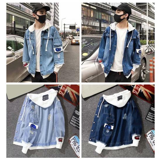 Jean Jacket Fake Two Piece Hooded Contrast Color Streetwear Spring Autumn Loose Single Breasted Outerwear Coat for Outdoor