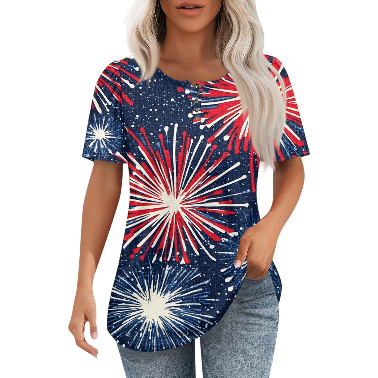 

Женский модный повседневный короткий рукав пуловер с принтом на пуговицах и круглым вырезом M синий