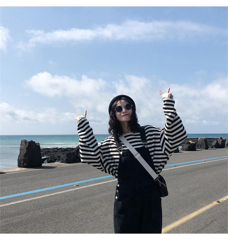 Baumwolle Frühher Herbst Gestreift Langarm T-Shirt Damen Oberteile Student Dünnes Lockeres Sweatshirt Damenmode Retro Vielseitiges Sweatshirt