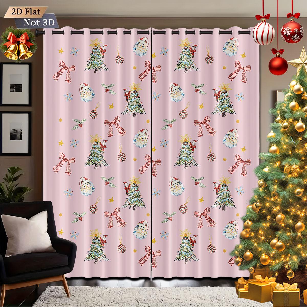 

2Pcs Pink Santa Claus Element Printed Blackout Curtains Multi Size Living Room Insulation Holiday Decoration, Easy Installation 140x160&Grommet Top