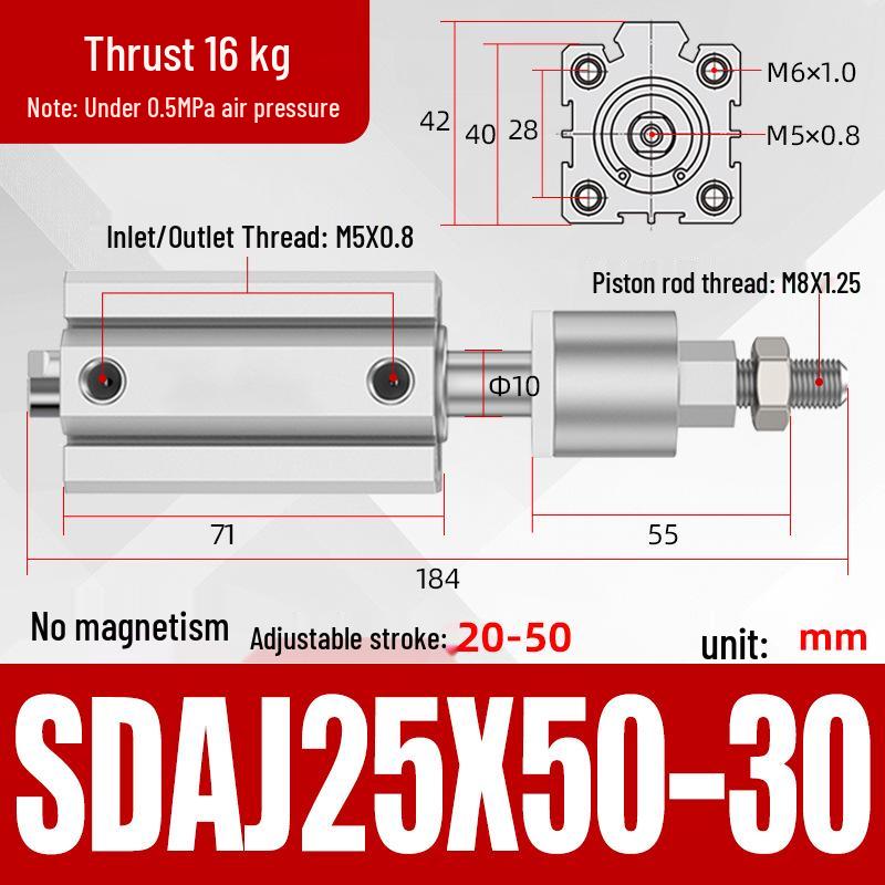 Adjustable Stroke Pneumatic Thin Cylinder - Piston Rod Sizes: 16/20/25/32/40/63