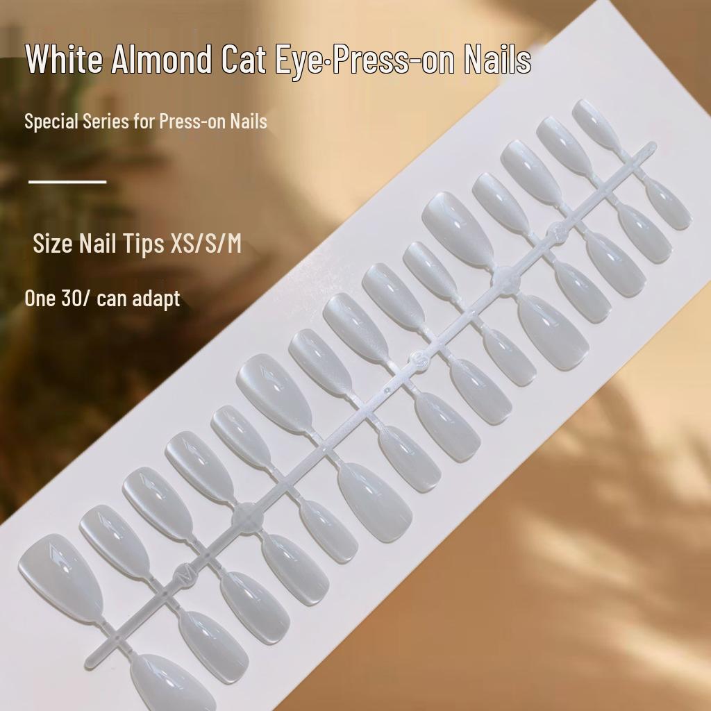 

White Almond Cat Eye Nail Patches: Simple Solid Color False Nails