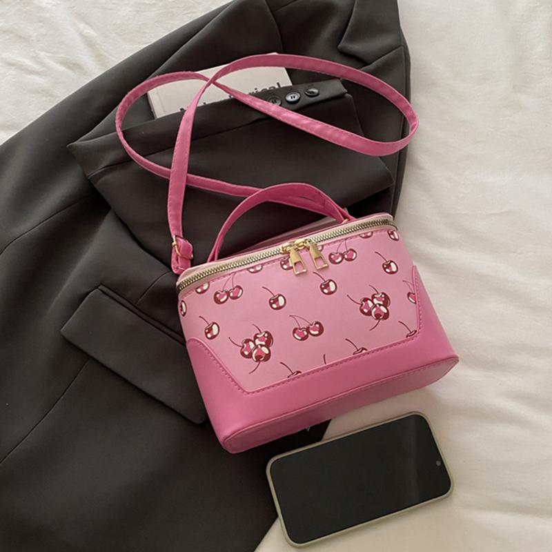 Chic Small Square PU Bag with Cherry Design Women's Trendy Crossbody Bag Sophisticate Commuter Handbag