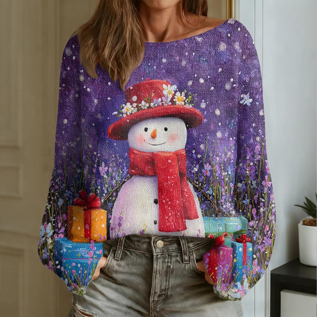 Women's Fashion Round Neck Long Sleeve Christmas Print Casual Pullover Sweater Top