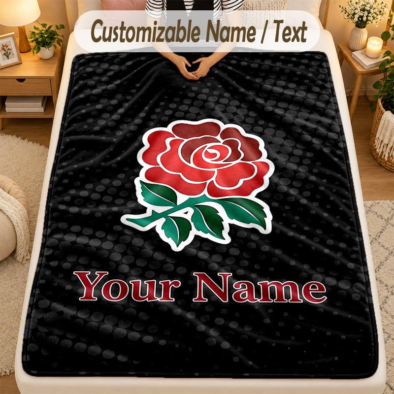 Flannel BlanketEngland Rugby Custom Name Text Personalized Soft Warm Throw Blanket Home Decor Gift