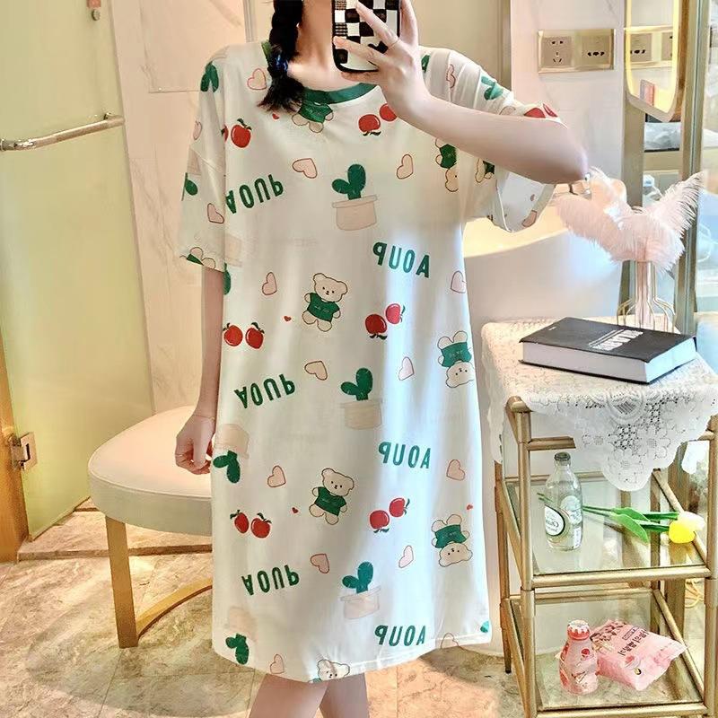 Summer Women's  Loose Short-Sleeve Cartoon Nightdress Cute Lightweight Student Style Sleepwear Home Wear Pajamas
