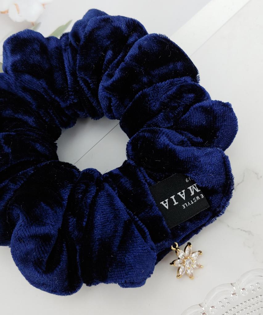 Maia Velvet Crystal Scrunchie - Navy