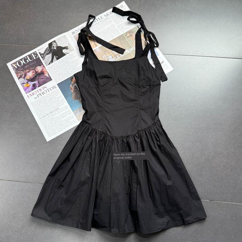 

Export Single En Home Pure Cotton Little Black Dress with Suspenders French Hepburn Style Sling Shoelace Square Collar Slim Looking Short Dress Black Strap Dress S