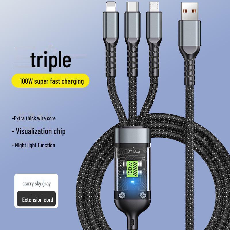 100W Crystal 3-in-1 Transparent Data Cable with Light Version