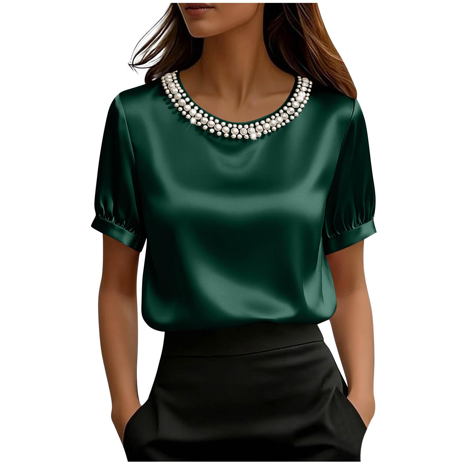 

Women’s Satin Short Sleeve Blouse with Decorative Embellished Round Neck and Loose Fit Silky Top for Office or Daily Wear XL
