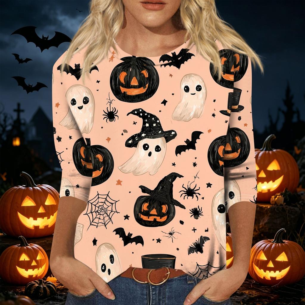 Women Casual Three Quarter Sleeve Halloween Print Round Neck Top Lightweight Comfortable Fit Seasonal Shirt for Everyday Wear