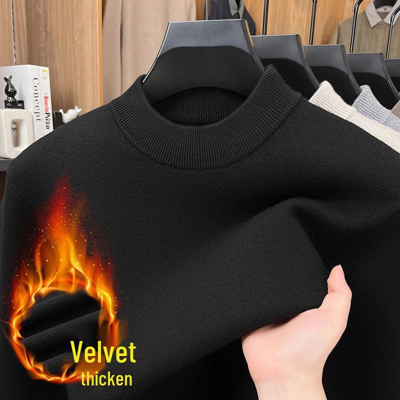 Men s 2025 Winter Fleece Wool Sweater: Machine Washable, 580g, Plus Velvet, Warm Base Layer L