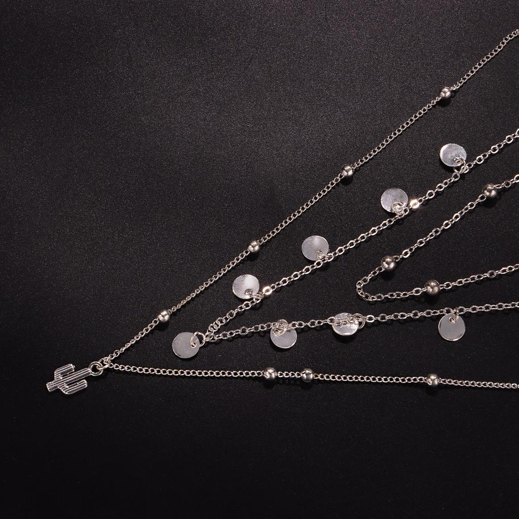Alloy Disc Cactus Pendant Necklace, Simple Round Bead Chain Multi-layer Item Decoration