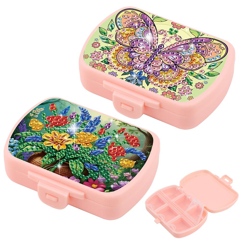 2Pcs DIY Animal Pattern Portable Crystal Pill Dispenser 6 Grid Diamond Painting Dot Pill Box Moisture-Proof for Adults Beginners