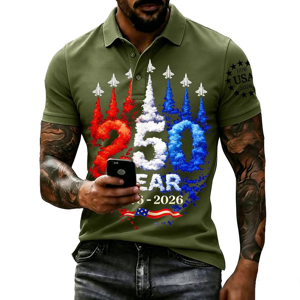 Men's Casual Short Sleeve Polo Shirt 250 Years Independence Day Print Button Down Collar Lightweight Soft Fabric