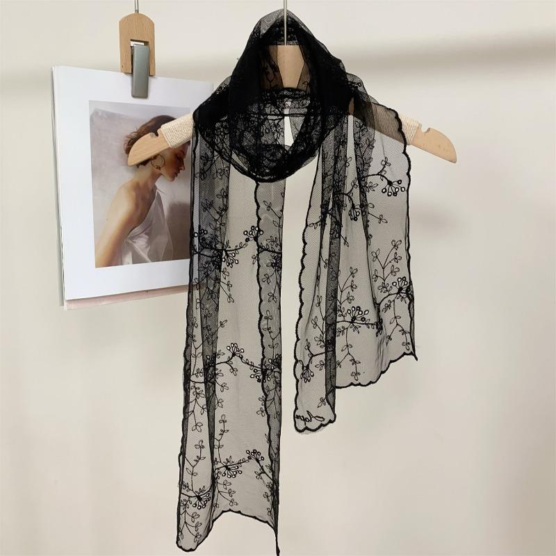 Summer Lace Small Long Scarf Embroidered Flower Long Silk Female Korean Version Literary and Retro Versatile Decorative Shawl