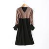Export Export Mom Clothes V Neck Intellectual High Quality Color Matching Slimming Long Sleeves Wool Long Knitwear Woolen Skirt