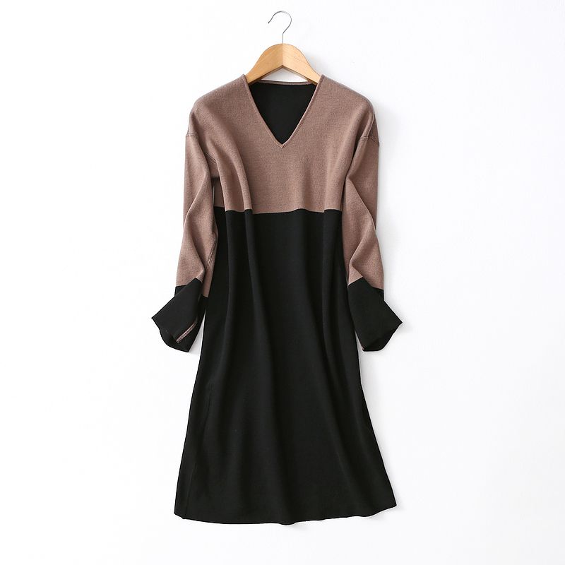 

Экспорт Экспорт Одежда для мамы V-образный вырез Интеллектуальный Высокое качество Сочетание цветов Похудение Длинные рукава Шерсть Длинный трикотаж Шерстяная юбка Black coffee color matching XXXL