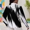 Women Plus Size Collared Neck Long Sleeve Black White Printed Button Front Curved Hem Shirt