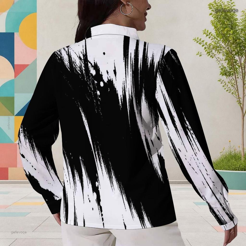 Women Plus Size Collared Neck Long Sleeve Black White Printed Button Front Curved Hem Shirt