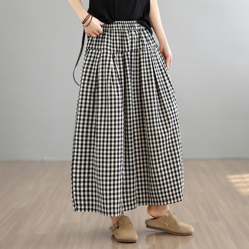 DIMANAF 2026 Summer Beach Plus Size Long Pants Women Elastic Waist Loose Vintage Casual Trousers Pants Print Plaid Bottoms