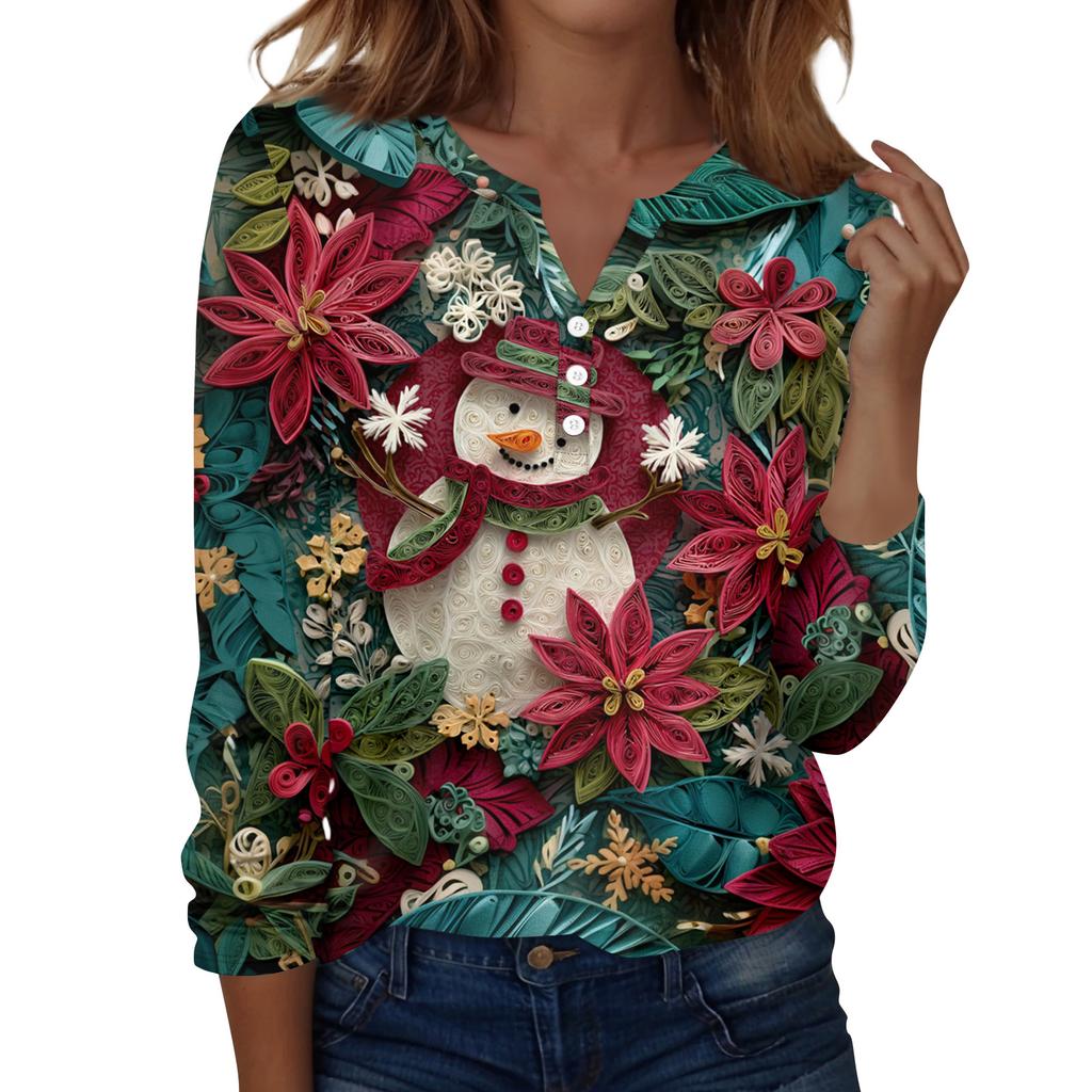 Women's Fashion Casual H Printed V-Neck Long Sleeve Decorative Button T-Shirt Tops