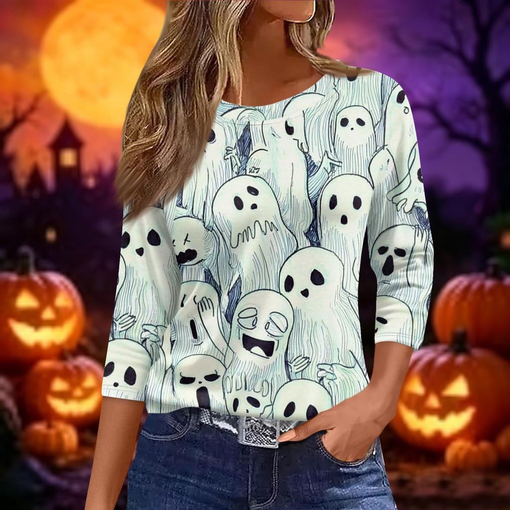 Women's Halloween Print Casual Loose Fit Round Neck Three Quarter Sleeve Shirt Lightweight Comfortable Top for Fall Season