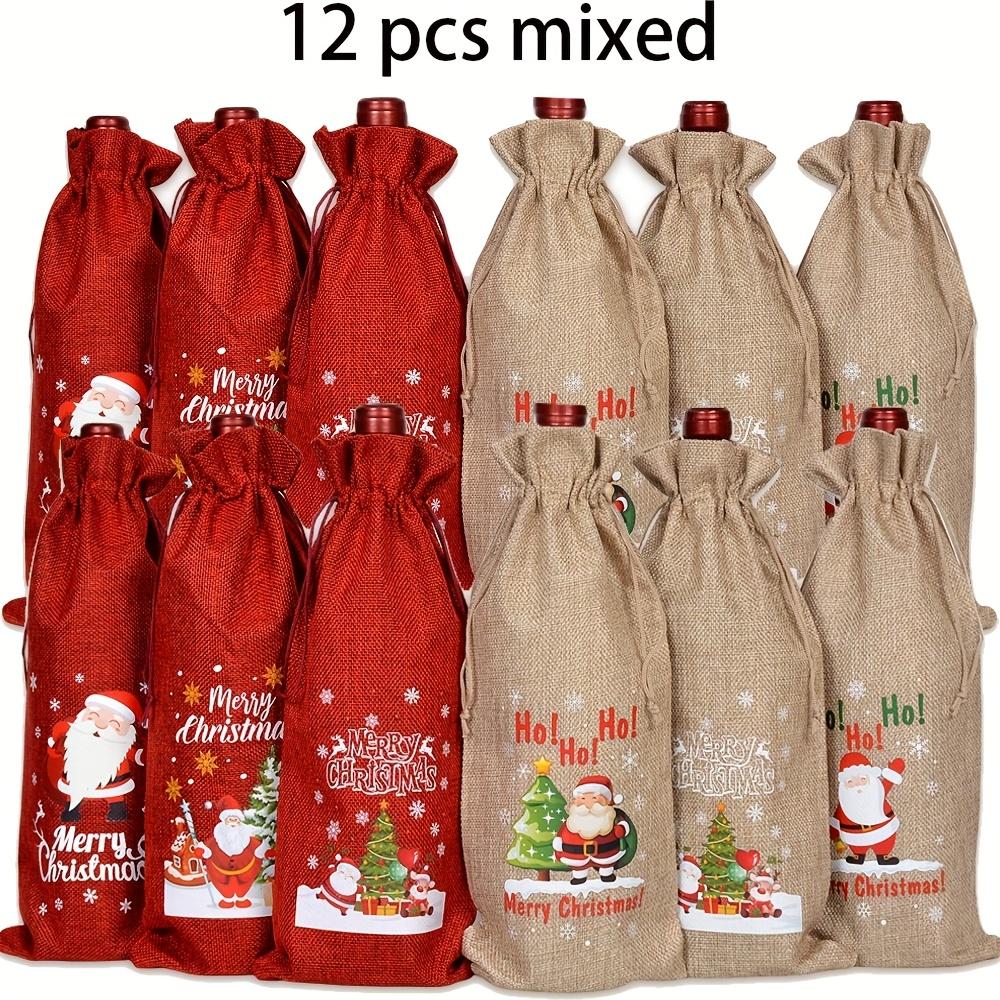 6/12pcs Festive Christmas Wine Bottle Gift Bags - Red & Khaki Tote Bags with Santa Claus, Christmas Trees, and Holiday Greetings