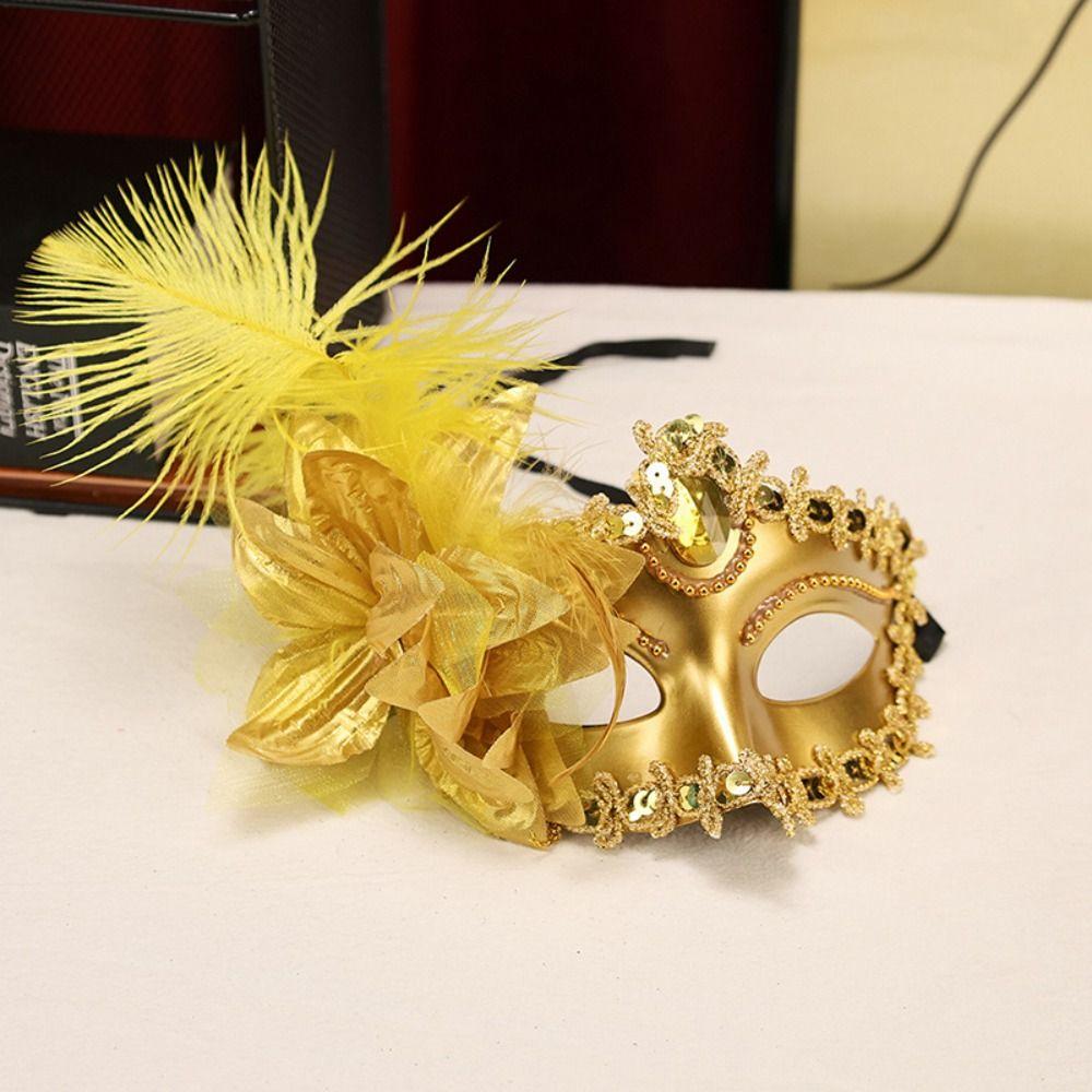 Flower Half-Face Mask Rhinestone Masquerade Ball Mask Fancy Feather Mask Makeup Festival