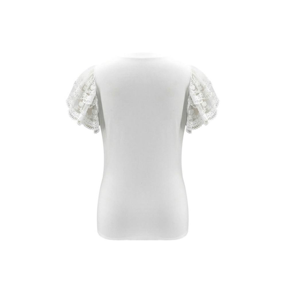 Spring Women's Tops Sexy Color Round Neck Lace Short Sleeve Top