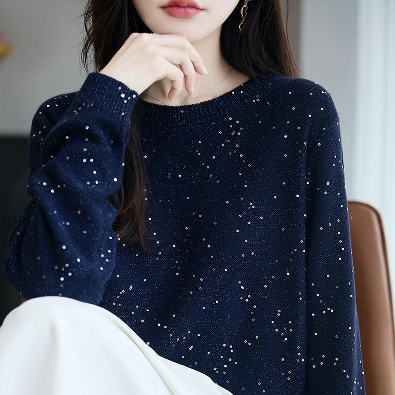 European Style Sequin Knitwear: Women's Spring/Autumn Casual Loose Pullover Sweater, Versatile Round Neck Base Layer
