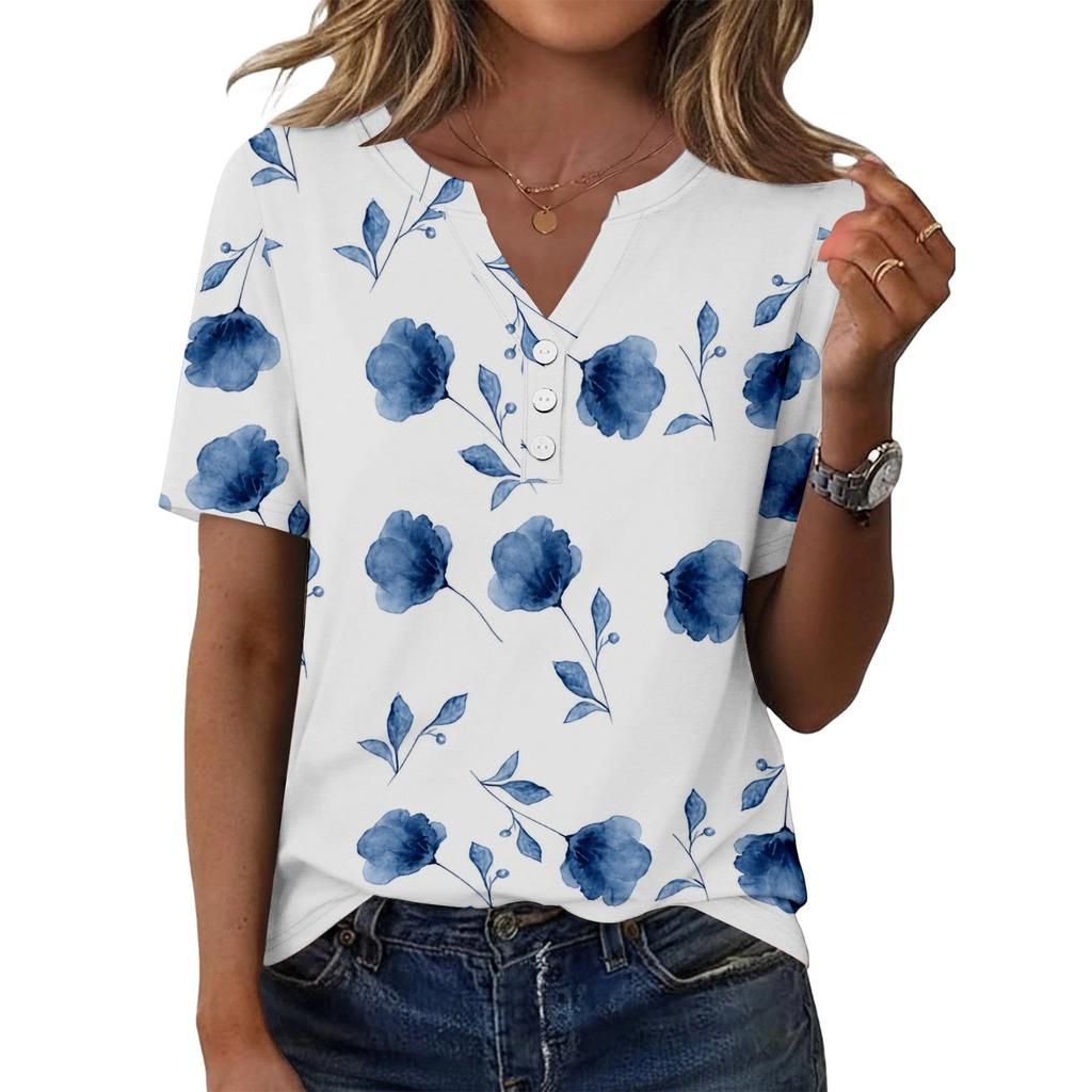 Women's Casual Floral Print V-Neck Short Sleeve Button T-Shirt
