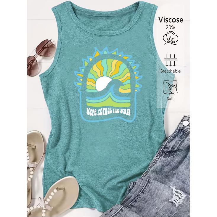 2026 Trendy Here Comes The Sun Vintage Sun Print Women Sleeveless Vest High Quality Casual Summer Tank Top