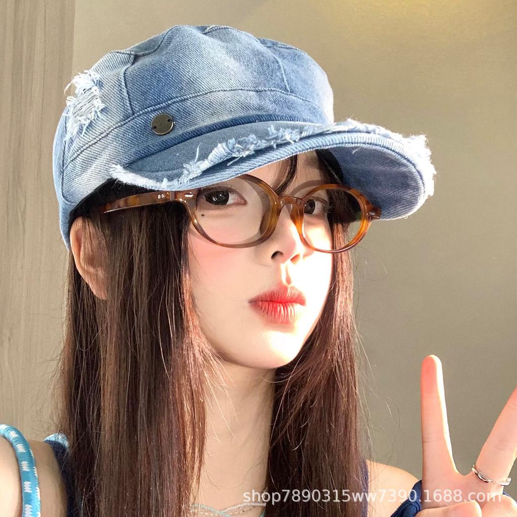 Hole Washed Denim Flat Top Hat Women'S Spring Summer Face Small Versatile Equestrian Hat Big Head Circumference Flat Top Cap