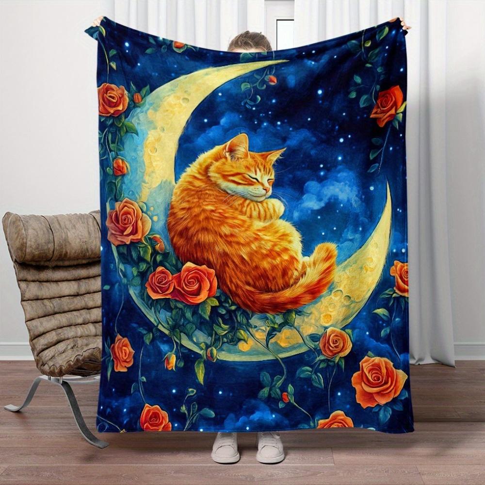 

Dreamy Cat on Crescent Moon Blanket - Soft Cozy Throw with Roses and Stars, Perfect for Home Decor, Unique Gift for Cat Lovers 75x90cm