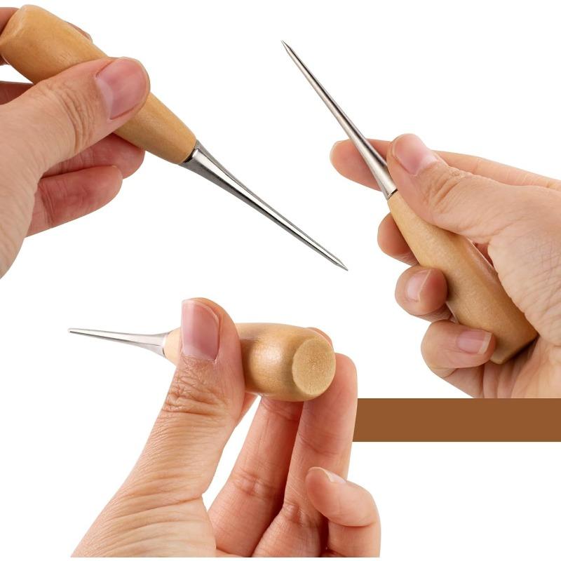 2pcs Leather Craft Awl Tools Leather Hole Punch Tool Sewing Punching Hole Maker Stitching Over Stitch Wood Handle
