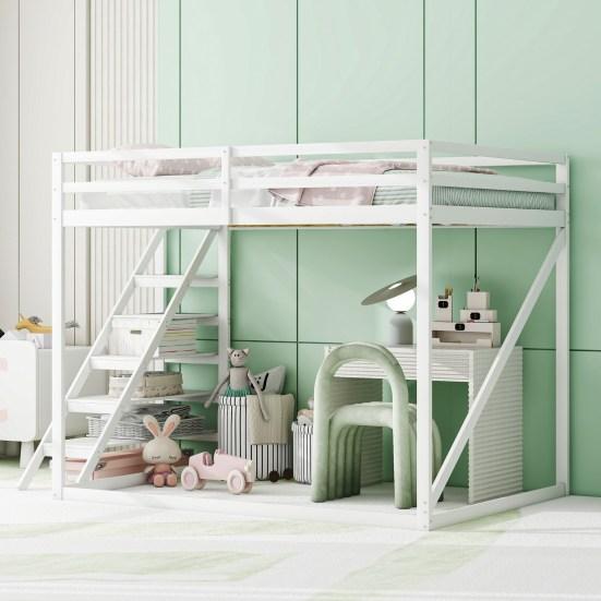Children Bed Loft Bed 140x200cm with Security Manager, Solid Wood Bunk Bed with Slatted Frame Suitable for Children, Young People and Adults, White
