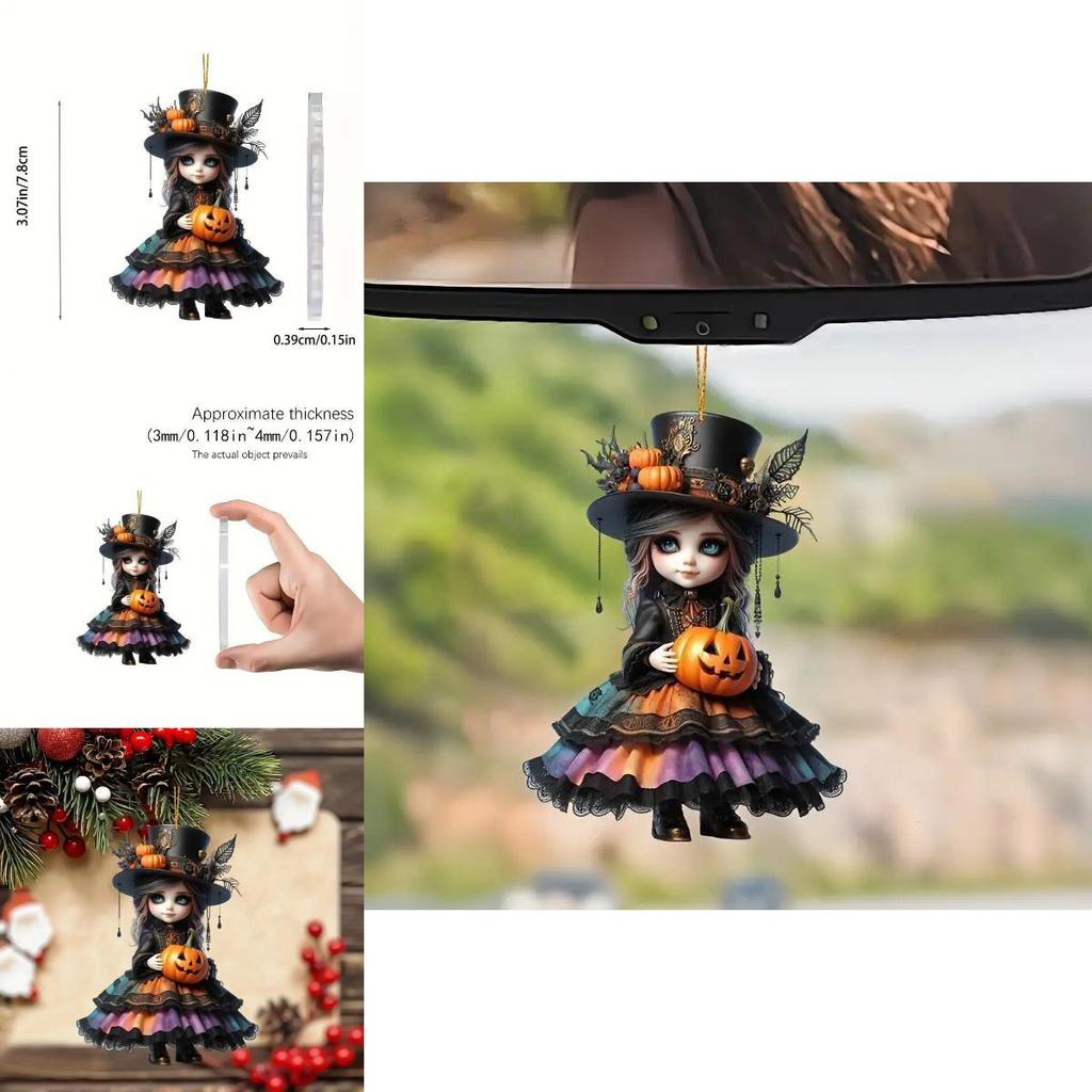 Acrylic Halloween Witch Car Rearview Mirror Decoration With Cartoon Style For Auto Interior Decor