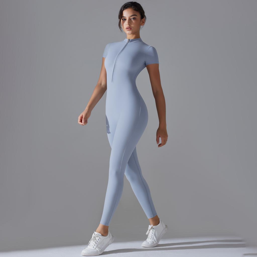 Naked Zipper Short Sleeved Yoga Suit Jumpsuit, Quick Drying Breathable Outdoor Sports Tight Fitting Jumpsuit, Fitness Suit