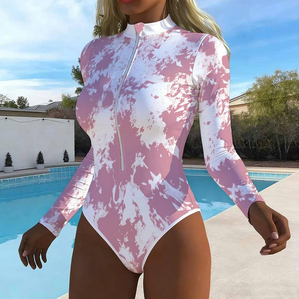 Women Long Sleeve One Piece Swimsuit Zip Front  Tie-dye Print Rash Guard Surfing Bathing Suit