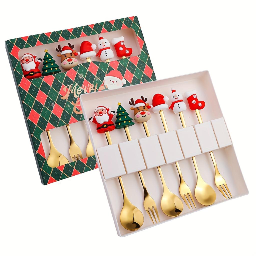 Leeseph Christmas Coffee Spoons Forks Set (4/6Pcs), Stainless Steel Spoon Forks Christmas Gifts for Kids(Red/Green Gift Box Set)