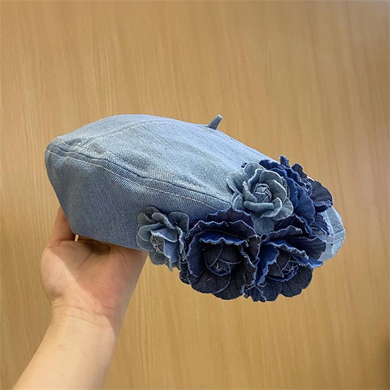 Ladies Denim Beret Hats Flower Cowboy Vintage Hat Women Retro Casual Painter Hat Female Trendy Spring Autumn Hat