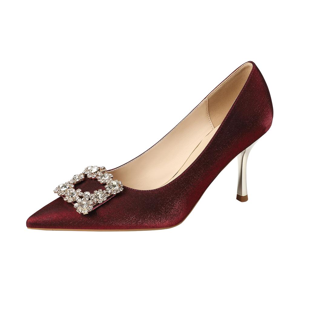 2026 New Rhinestone Square Buckle Sardine Satin Thin Heel Fashion Pointe Fattened Wide Large Size Single Shoes Women