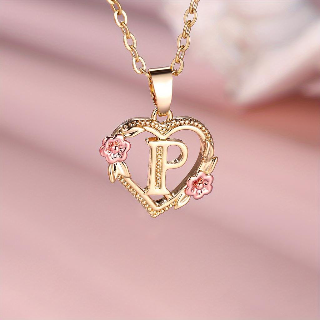 1 Pc Golden Color 26 English Letter Heart Necklace Rose Flower Pendant Wedding Band Jewelry Valentine's Day Gift