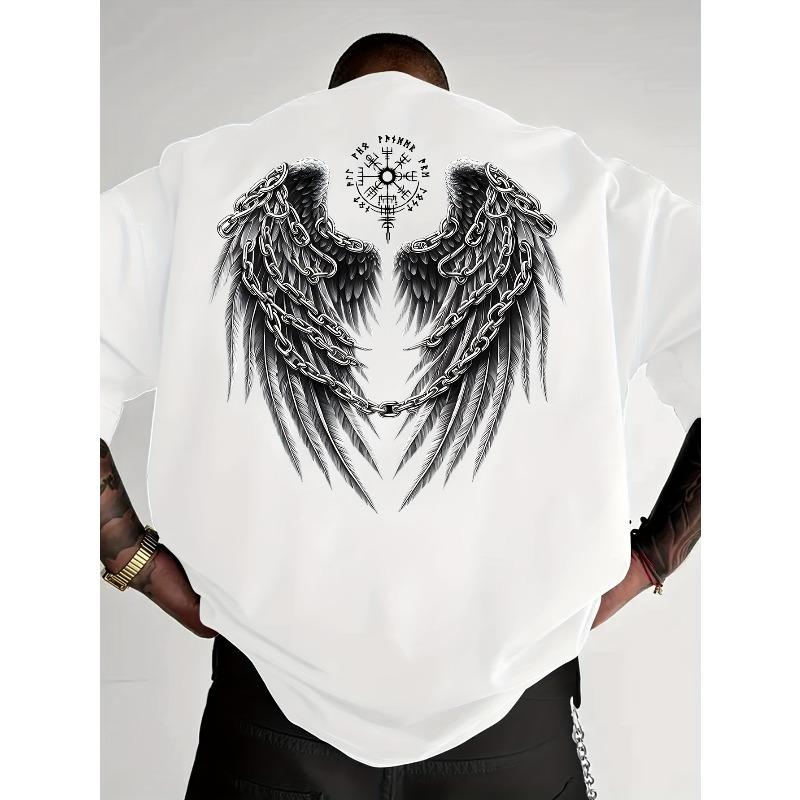 European Size Gothic Chain Wing Print T-Shirt - Gothic Wing Crew Neck Tee, Breathable Fiber, Slightly Dropped Shoulder Fit, Machine Washable