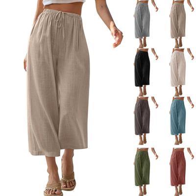 Caprihosen für Damen, Baumwolle, Leinen, lässig, für den Sommer, gerade, weites Bein, lockerer Kordelzug, elastische Taille, verkürzte Hose