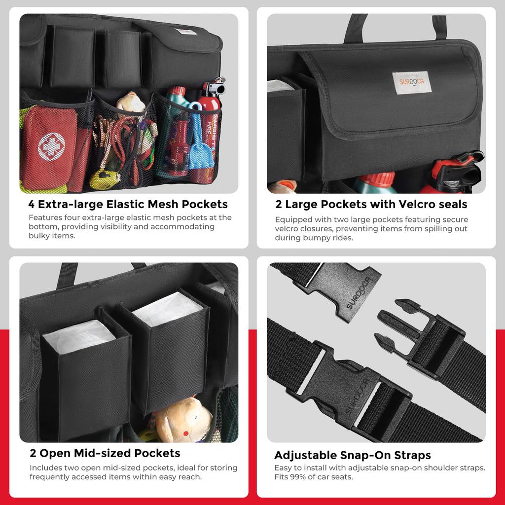 Trunk Storage - SURDOCA Car Storage Pocket, Seat Back Pocket, Large Capacity, Secure Design, Velcro Closure, Wear-Resistant, Easy Installation, Suitab